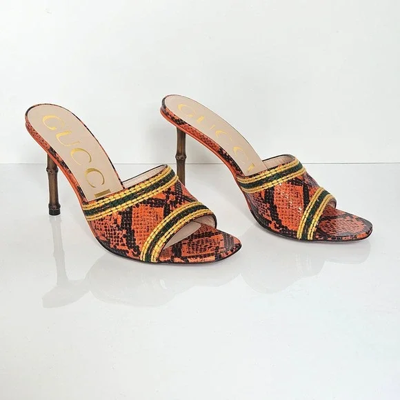 Gucci Bamboo Heel Slide Sandal Heels Orange Python Leather Size 39 Made in Italy - Picture 2 of 10